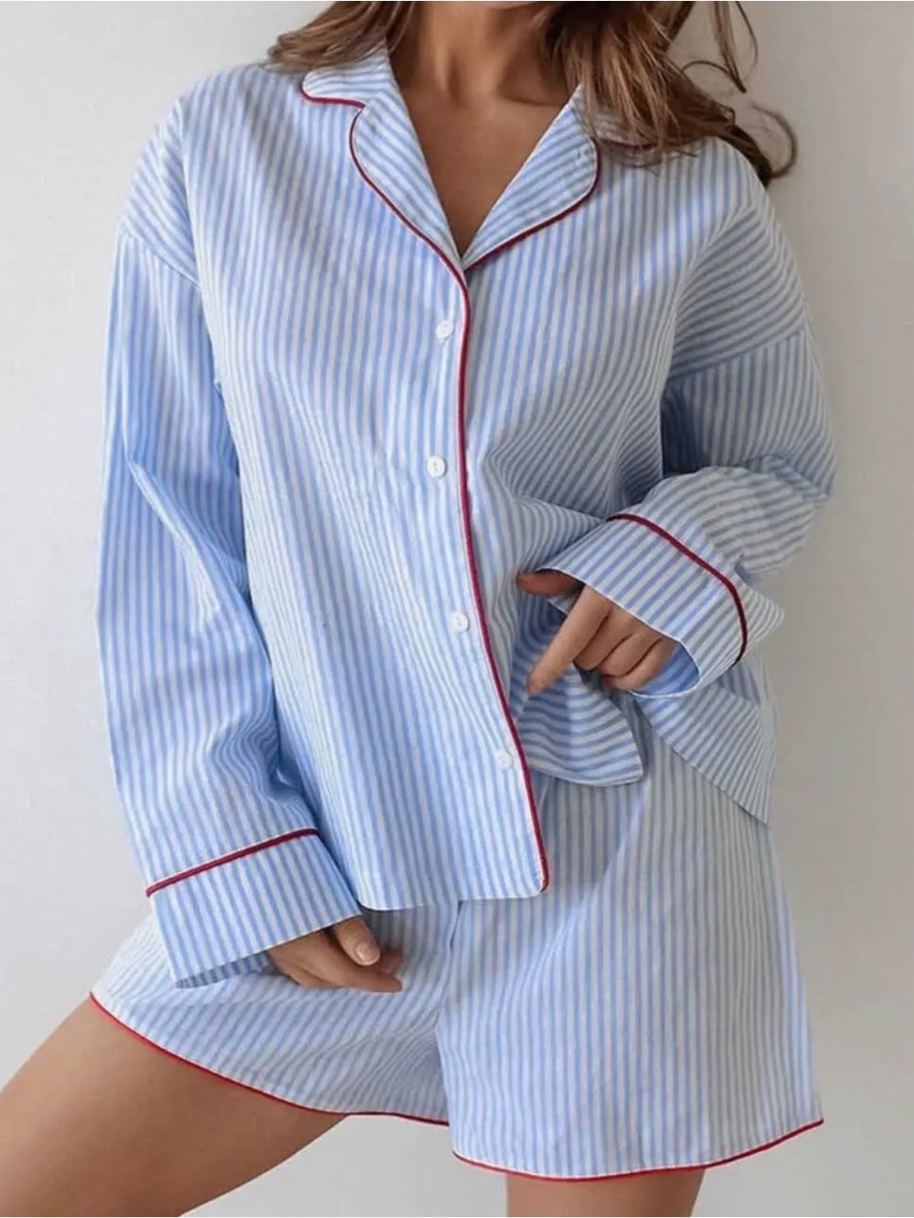 Women's Blue & White Striped Pajama Set with Red Piping